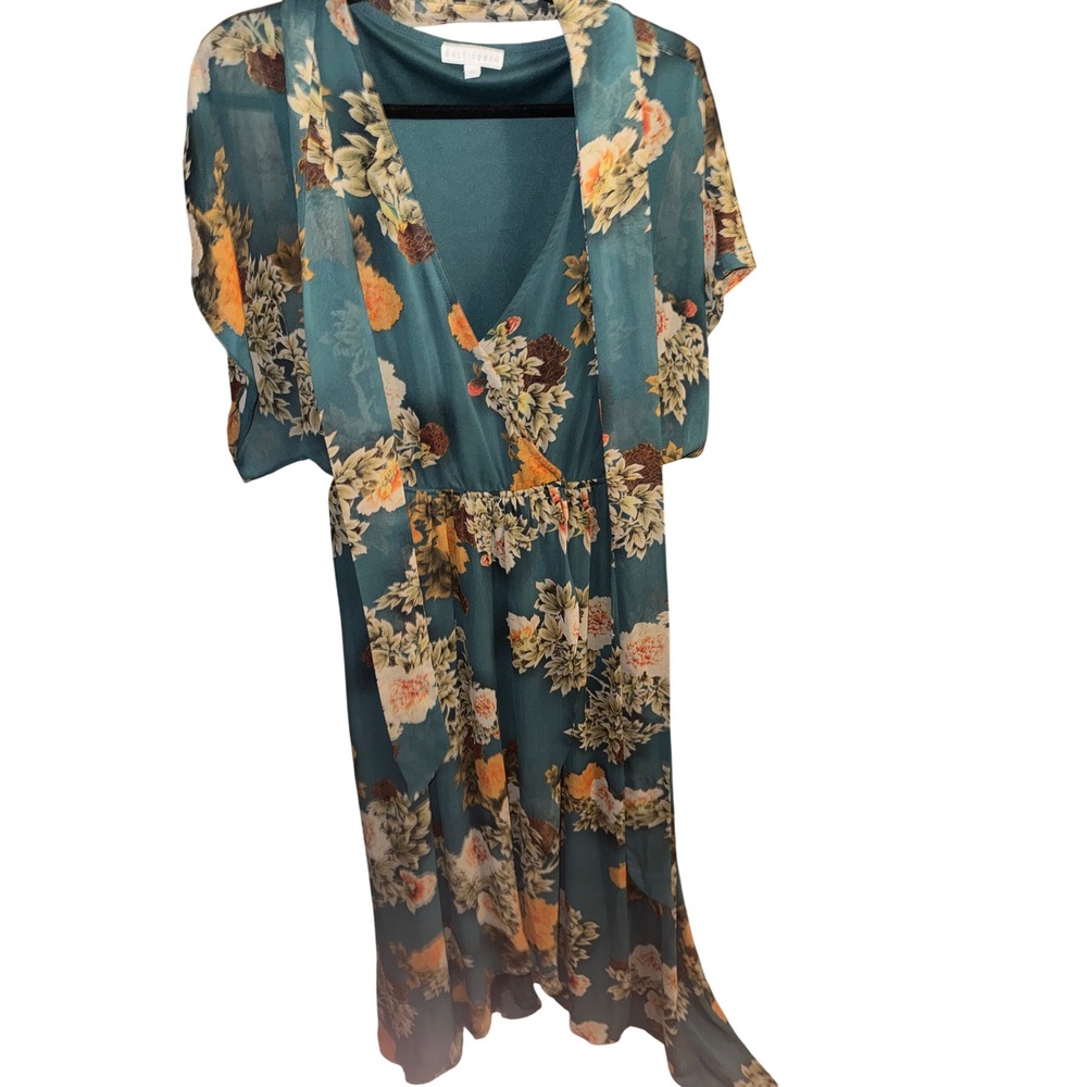 Baltic Born Madeline Teal Floral Maxi Dress V-Neck Flutter Sleeve - Picture 2 of 4